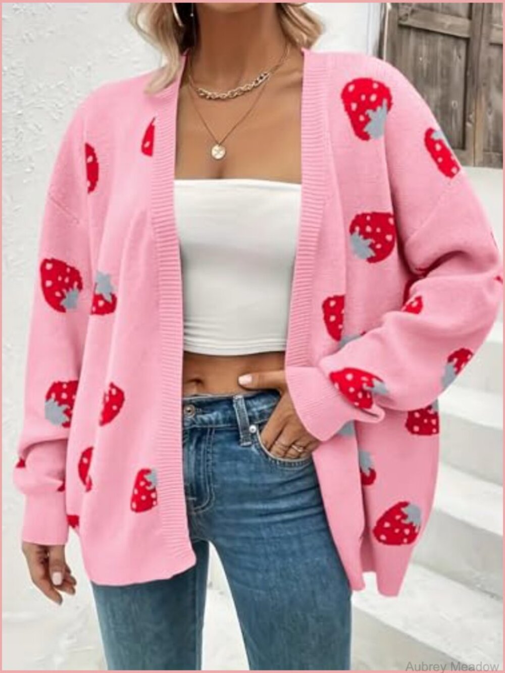 NWOT Pink Strawberry Print Open Cardigan Sweater - Picture 3 of 5